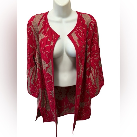Chico’s Travelers Collection Exploded Floral Jacket Sz 2/L/12 Red Tan Open - Picture 1 of 10